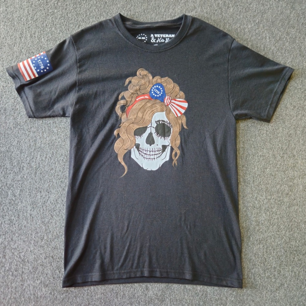 A VETERAN & HIS BOSS Womens Skull 1776 USA Flag Blk Shirt Small July 4th Patriot